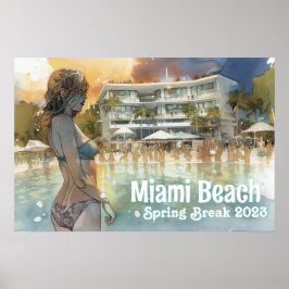 Miami Beach Spring Break Girl in Pool Wasserfarbe Poster
