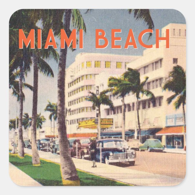 Miami Beach Vintage Straßenszene Quadratischer Aufkleber (Vorderseite)