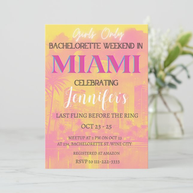 Miami Destination Bachelorette Weekend Party Einladung (Stehend Vorderseite)