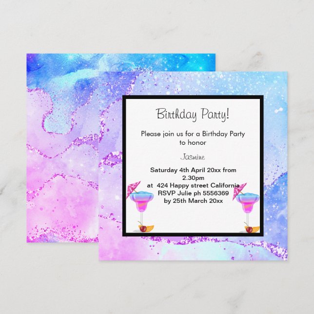 MIAMI DISCO COCKTAIL BIRTHDAY PARTY EINLADUNG (Vorne/Hinten)