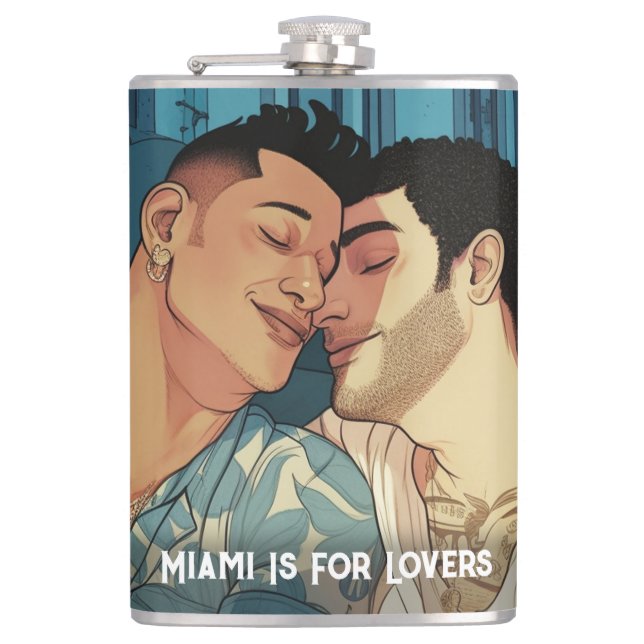 Miami Downtown Gay Men Cuddling Illustration Flachmann (Vorderseite)