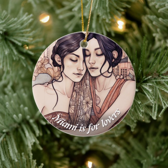 Miami Downtown Women Cuddling Lesbians Zeichnend Keramik Ornament (Baum)