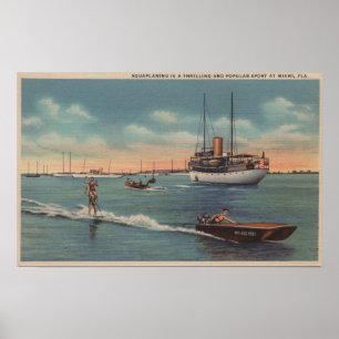 Miami, FL - Wasserski-Szene, hölzernes Boot Poster