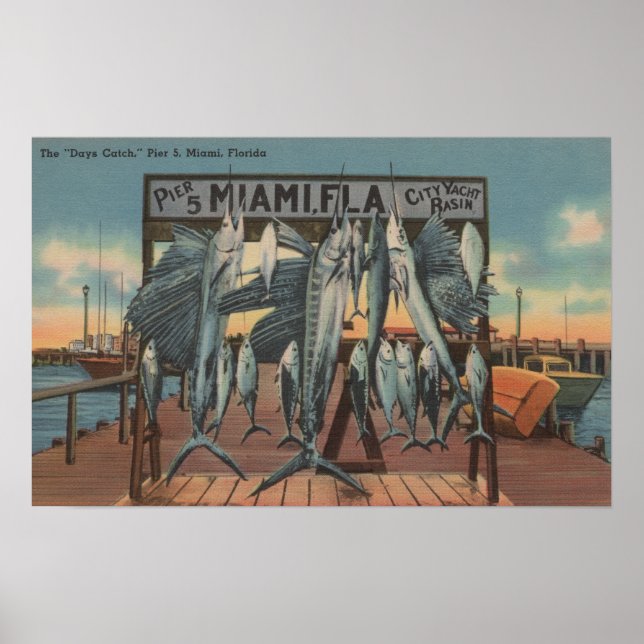 Miami, Florida - Aussicht auf Pier 5 mit Fisch Poster (Vorne)
