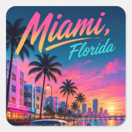 Miami Florida Retro-Neon-Sonnenuntergang Reise Quadratischer Aufkleber