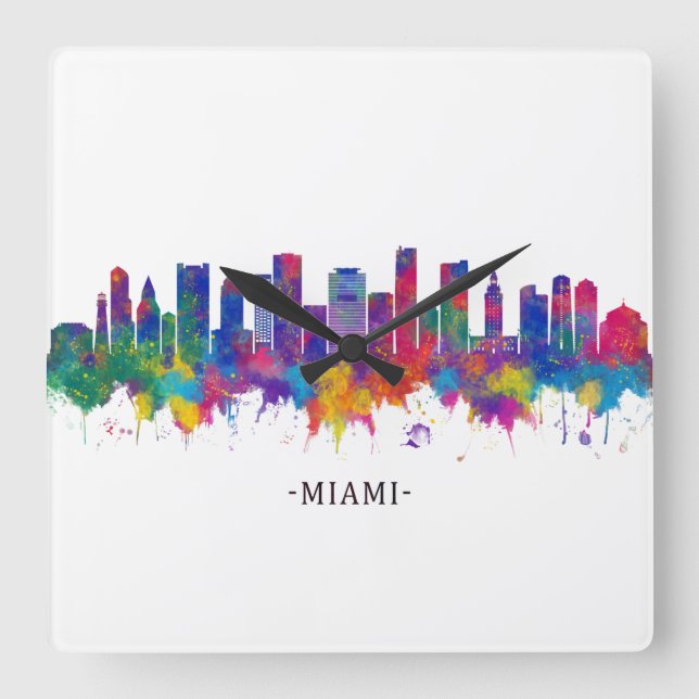 Miami Florida Skyline Quadratische Wanduhr (Vorderseite)