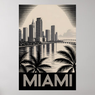 Miami Florida Skyline Schwarz Weiß Holzschnitt Poster