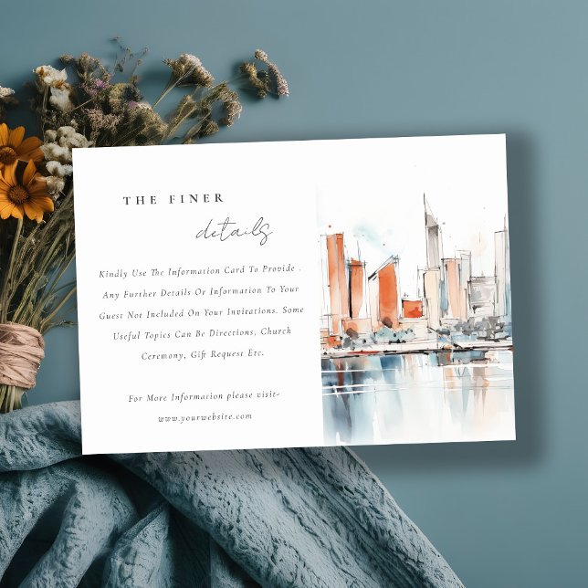 Miami Florida Skyline Watercolor Wedding Details Begleitkarte (Von Creator hochgeladen)