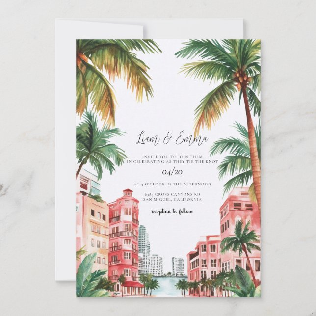 Miami Florida Watercolor Wedding Invitation Einladung (Vorderseite)