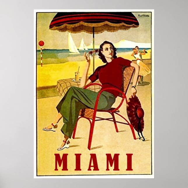 Miami, Frau am Sandstrand, Jahrgang Reise Poster (Vorne)