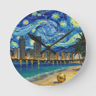 Miami Golden Shore Fußball Elegant und Öl Feinkuns Runde Wanduhr