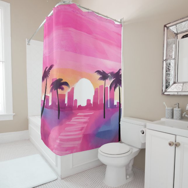 Miami in Pink | Helle Aquarellmalerei Duschvorhang (Beispiel)