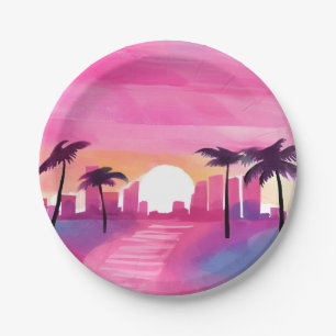 Miami in Pink   Helle Aquarellmalerei Pappteller