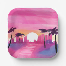 Miami in Pink | Helle Aquarellmalerei Pappteller