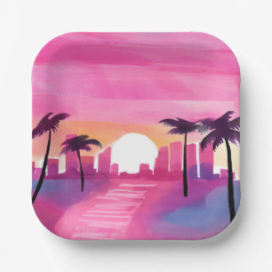Miami in Pink Helle Aquarellmalerei Pappteller