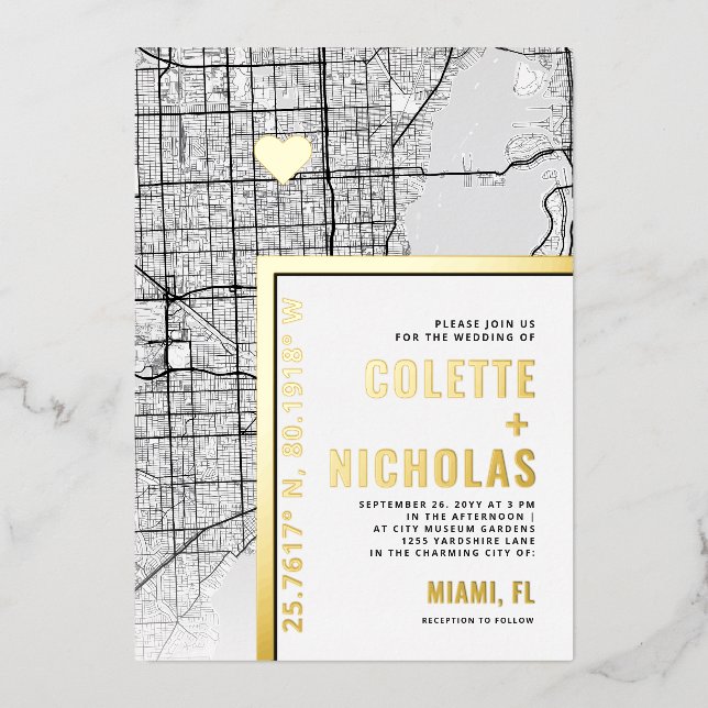 Miami Liebe Locator | Städtische Hochzeit Folieneinladung (Vorderseite)