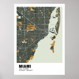 Miami Map Poster - Miami Green & Gold Karte