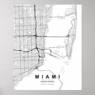 Miami-Minimalistische Karte (Schwarz & Weiß) Poster