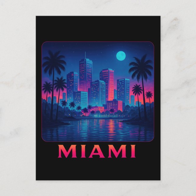 Miami Moonrise - Neon Skyline Postkarte (Vorderseite)