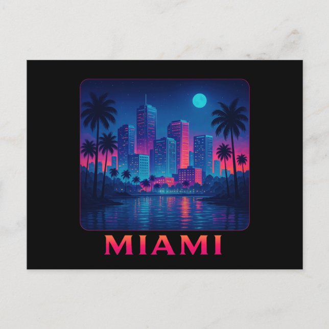 Miami Moonrise - Neon-Skyline Postkarte (Vorderseite)