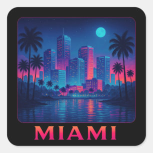 Miami Moonrise - Neon-Skyline Quadratischer Aufkleber