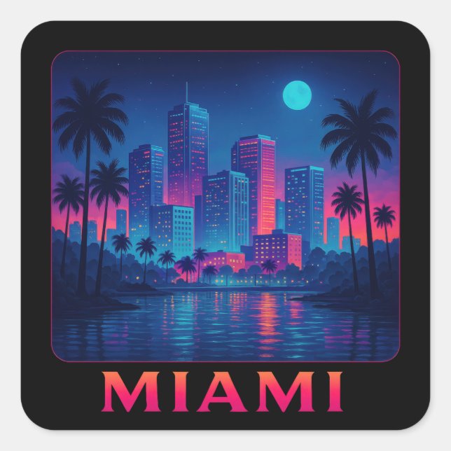 Miami Moonrise - Neon Skyline Quadratischer Aufkleber (Vorderseite)