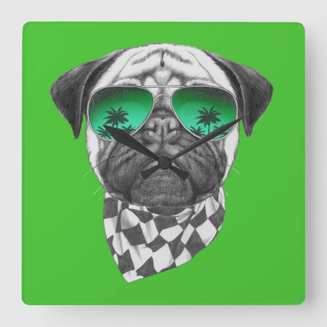 Miami-Mops Quadratische Wanduhr (Vorderseite)