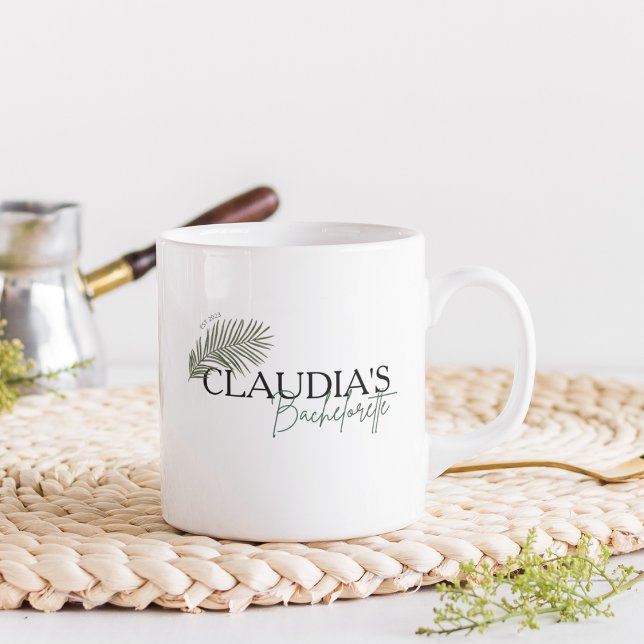 Miami Palm Bride Custom Chic Junggeselinnen-Abschi Kaffeetasse (Custom Bride Name - Miami Palm Design, Bachelorette party Coffee Mug)