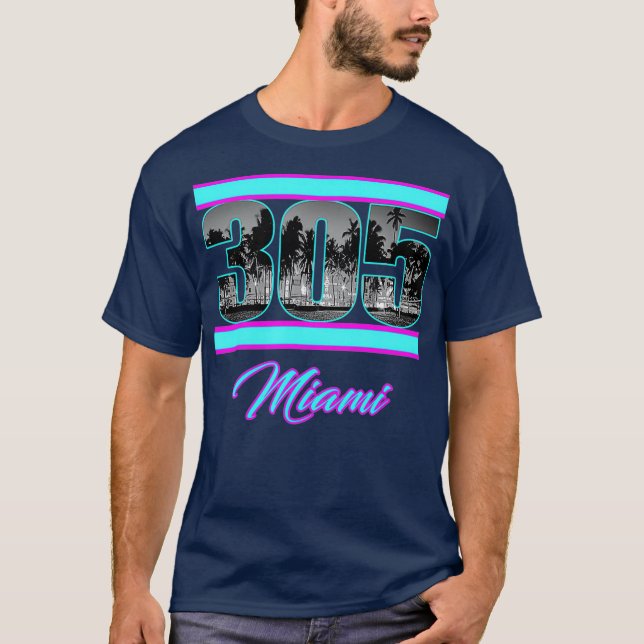 Miami Retro 305 South Beach View 80s Pink  Blue T-Shirt (Vorderseite)