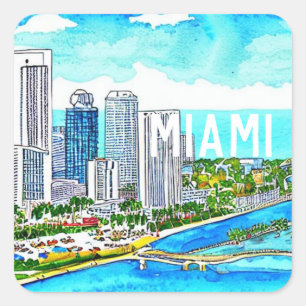 Miami Skyline Tropical Postcard Quadratischer Aufkleber