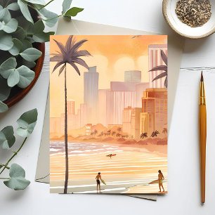 Miami Sonnenaufgang   Gelbe Aquarell-Skyline-Maler Postkarte