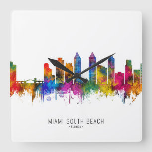 Miami South Beach Florida Skyline Quadratische Wanduhr