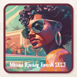 Miami Spring Break Black Woman in Pool Malerei Rechteckiger Pappuntersetzer