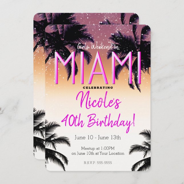 Miami Summer Girls Weekend Geburtstagsparty Einladung (Vorne/Hinten)