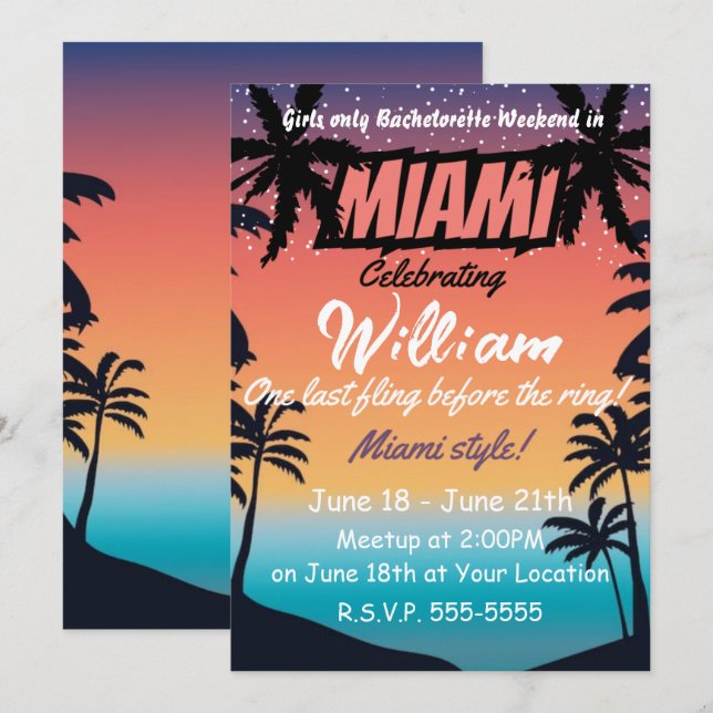 Miami Summer Girls Weekend Junggeselinnen-Abschied Einladung (Vorne/Hinten)