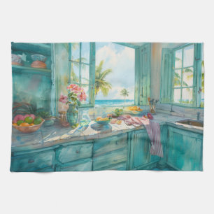 Miami Tropical Kitchen Wasserfarben mit Palme und Geschirrtuch