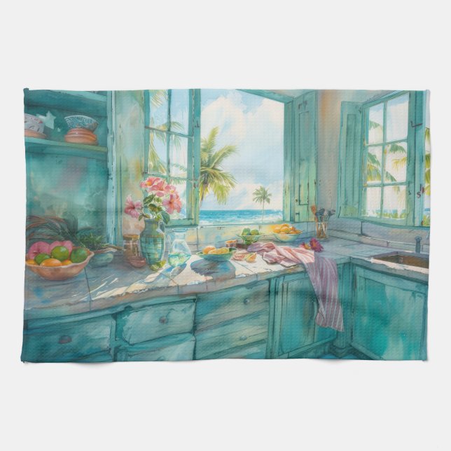 Miami Tropical Kitchen Wasserfarben mit Palme und  Geschirrtuch (Horizontal)