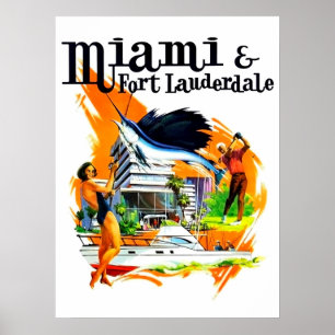 Miami und Fort Lauderdale, Florida, Vintage Reise Poster