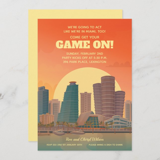 Miami Waterfront Game On Football Party Einladung (Vorne/Hinten)