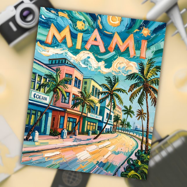 Miamis Ocean Drive Art in Van Gogh's Style Travel Postkarte (Van Gogh Style Miami painting)
