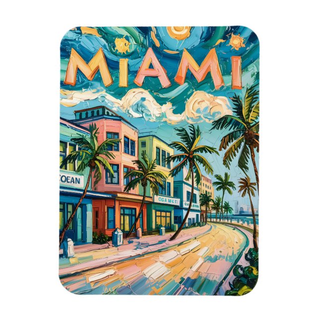 Miamis Ocean Drive Travel Art in Van Gogh's Style Magnet (Vertikal)