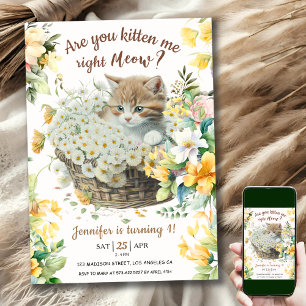 Miau! 1. Geburtstag Mädchen Floral Süße Katze Einladung