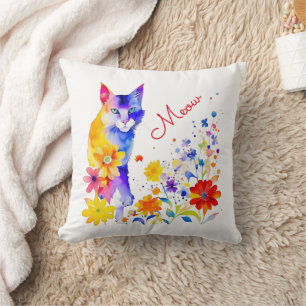Miau   Aquarell-Katze und Blumen  Kissen