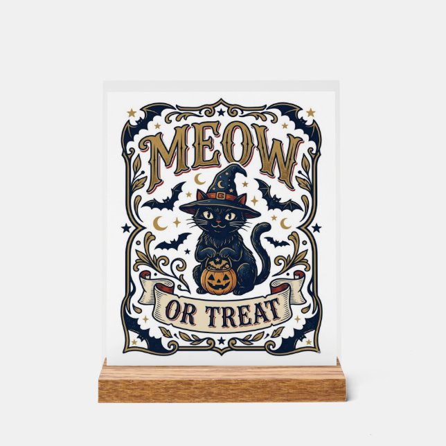 Miau oder Behandle Halloween-Katze Gruselige Katze Acrylschild (Vorderseite)