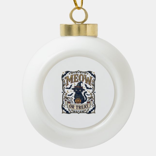 Miau oder Behandle Halloween-Katze Gruselige Katze Keramik Kugel-Ornament (Vorderseite)