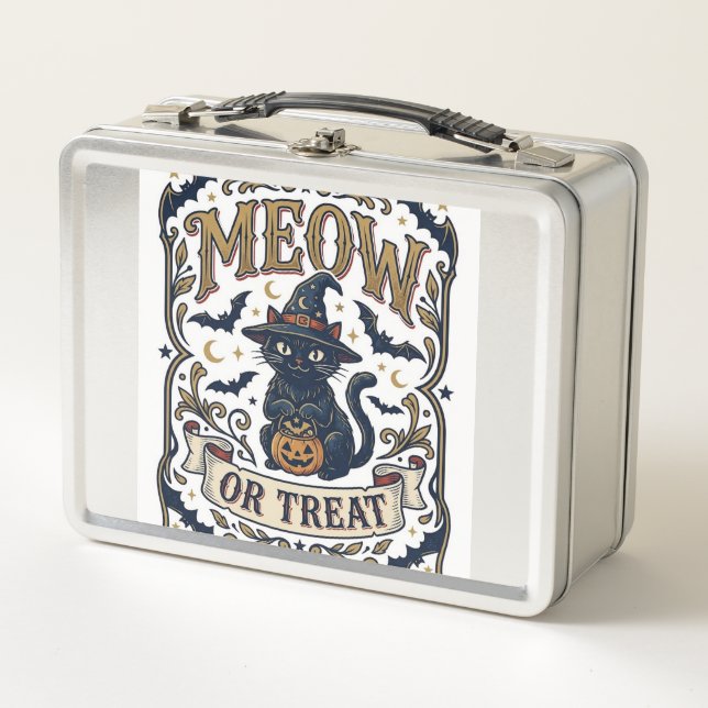 Miau oder Behandle Halloween-Katze Gruselige Katze Metall Brotdose (Vorderseite)