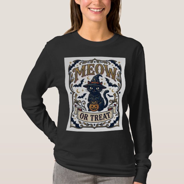Miau oder Behandle Halloween-Katze Gruselige Katze T-Shirt (Vorderseite)