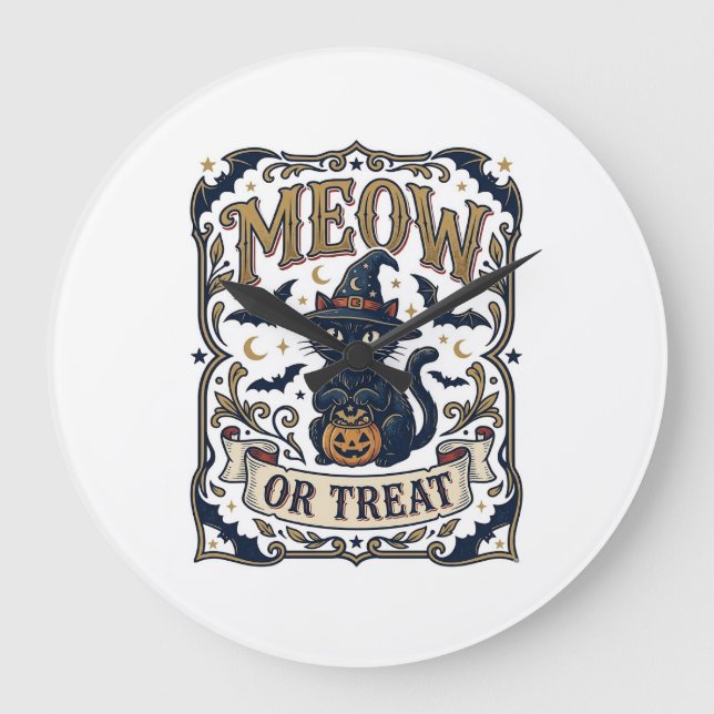 Miau oder Behandle Katze Halloween Gruselige Katze Große Wanduhr (Vorderseite)
