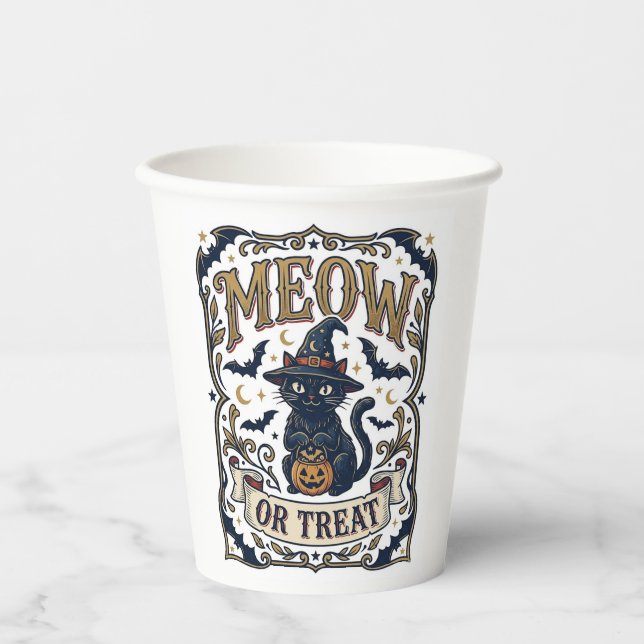 Miau oder Behandle Katze Halloween Gruselige Katze Pappbecher (Vorderseite)