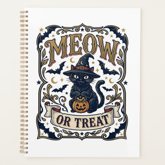 Miau oder Behandle Katze Halloween Gruselige Katze Planer (Vorderseite)